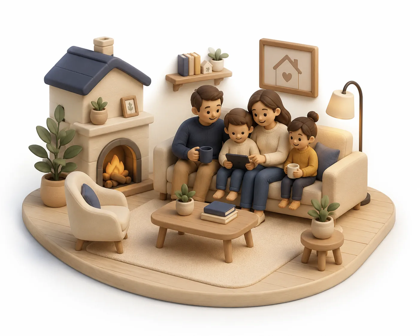 A family together at home reading on a tablet
